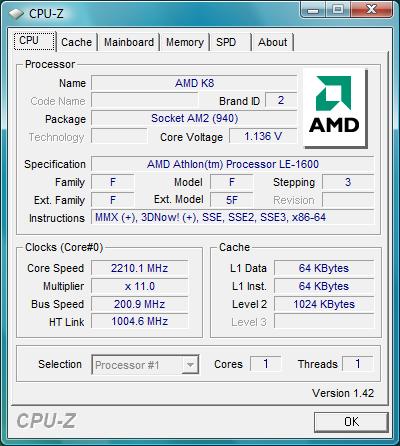 cpu-z AMD Athlon LE-1600
