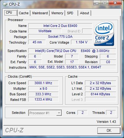 cpu-z Intel Core 2 Duo E8400