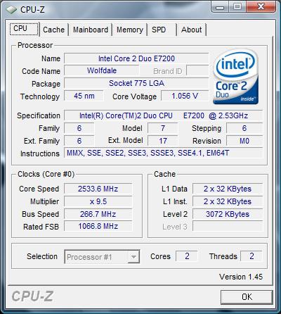 cpu-z Intel Core 2 Duo E7200