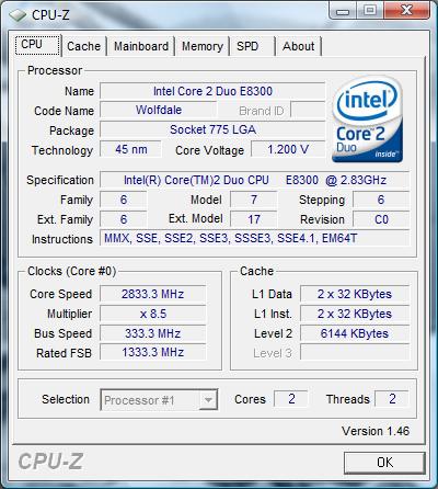 cpu-z Intel Core 2 Duo E8300