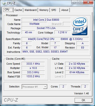 cpu-z Intel Core 2 Duo E8600