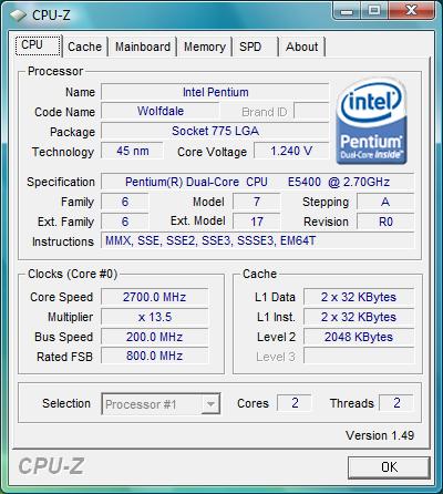 cpu-z Intel Pentium Dual-Core E5400