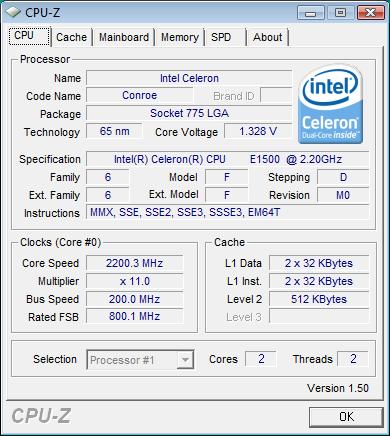 cpu-z Intel Celeron Dual-Core E1500