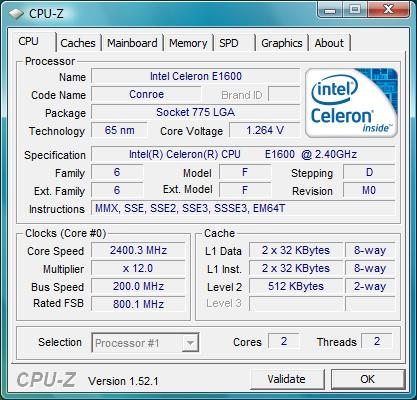 cpu-z Intel Celeron Dual-Core E1600