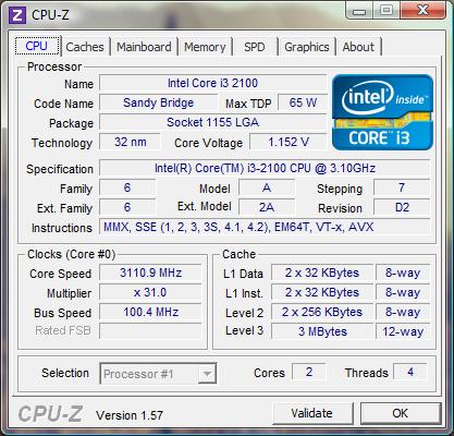 cpu-z Intel Core i3-2100