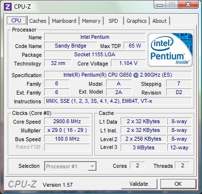 cpu-z Intel Pentium G850