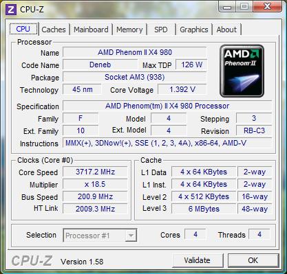 cpu-z AMD Phenom II X4 980 Black Edition
