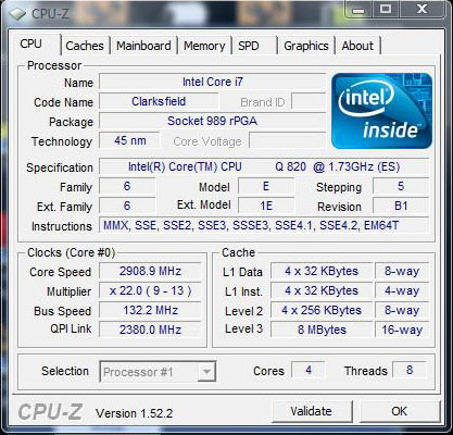 cpu-z Intel Core i7 Processor 820QM