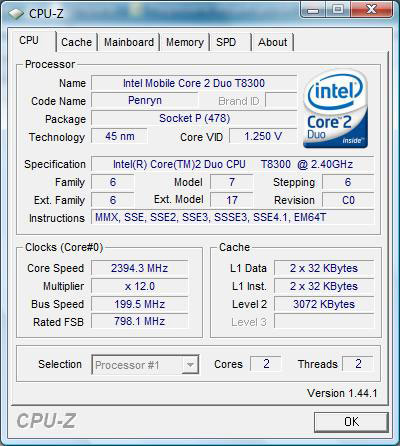 cpu-z Mobile Intel Core 2 Duo T8300