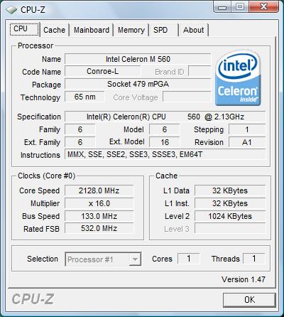 cpu-z intel Celeron M 560