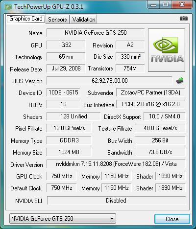 gpu-z ZOTAC GeForce GTS 250 AMP!