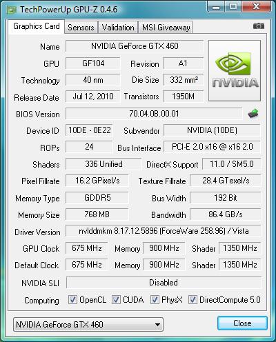 gpu-z Leadtek WinFast GTX 460 768MB (GTX460-768D5-FPAS-1)