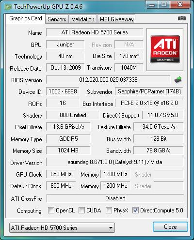 gpu-z Sapphire Radeon HD 5770 FleX 1 ГБ GDDR5