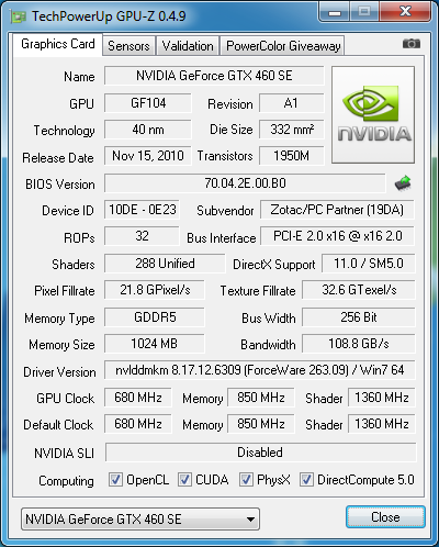 GPU-Z ZOTAC GeForce GTX 460 SE