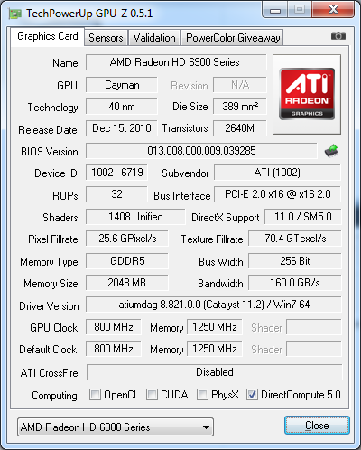 gpu-z Sapphire Radeon HD 6950 (HD6950 2G GDDR5 PCI-E DL-DVI-I+SL-DVI-D/HDMI/DUAL MINI DP)