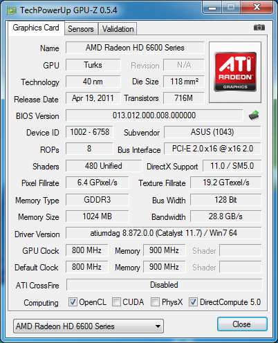 gpu-z ASUS Radeon HD 6670 (EAH6670/DI/1GD3)