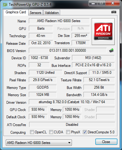 gpu-z MSI Radeon HD 6870 HAWK
