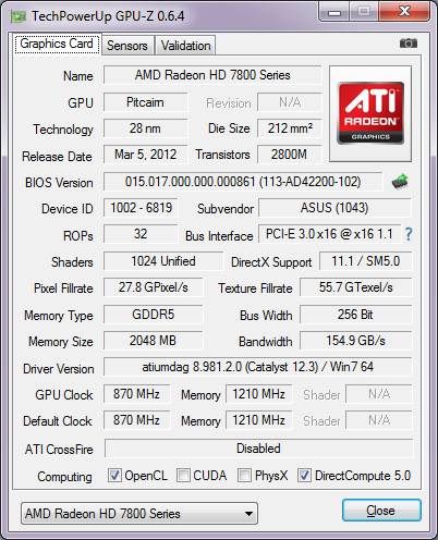 ASUS Radeon HD 7850 DirectCU II gpu-z