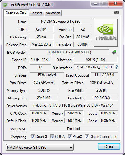 ASUS GeForce GTX 680 DirectCU II ОС  gpu-z