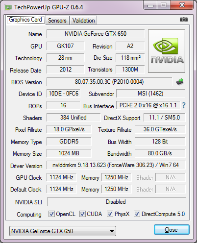 MSI GeForce GTX 650 Power Edition gpu-z