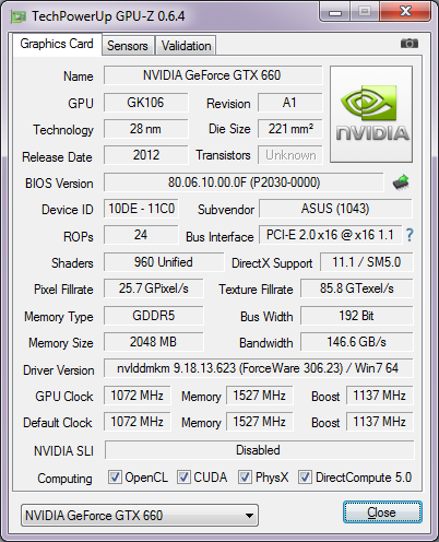 ASUS GeForce GTX 660 DirectCU II TOP  cpu-z