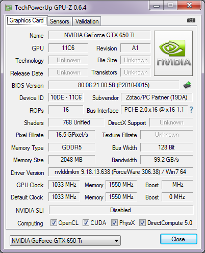 ZOTAC GeForce GTX 650 Ti AMP! Edition gpu-z