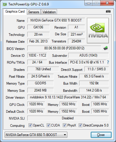 ASUS GeForce GTX 650 Ti BOOST DirectCU II OC