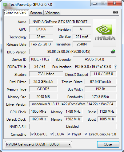 ASUS GeForce GTX 650 Ti BOOST DirectCU II OC