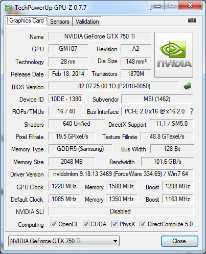 MSI GeForce GTX 750 Ti TWIN FROZR GAMING (N750Ti TF 2GD5/ОС)