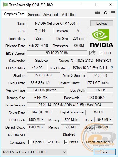 GIGABYTE GeForce GTX 1660 Ti WINDFORCE OC 6G