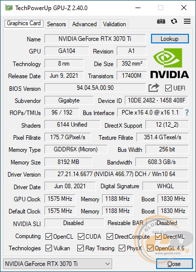 GIGABYTE GeForce RTX 3070 Ti GAMING OC 8G